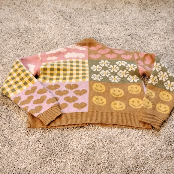 Women's Multicolored Patterned Twee Kidcore Chunky Cardigan Sweater Sz L - Picture 2 of 6